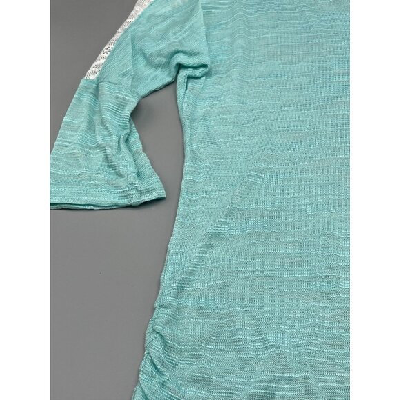 no boundaries 3/4 sleeve shirt green white lace sheer high low swoop neck m READ - Picture 3 of 12